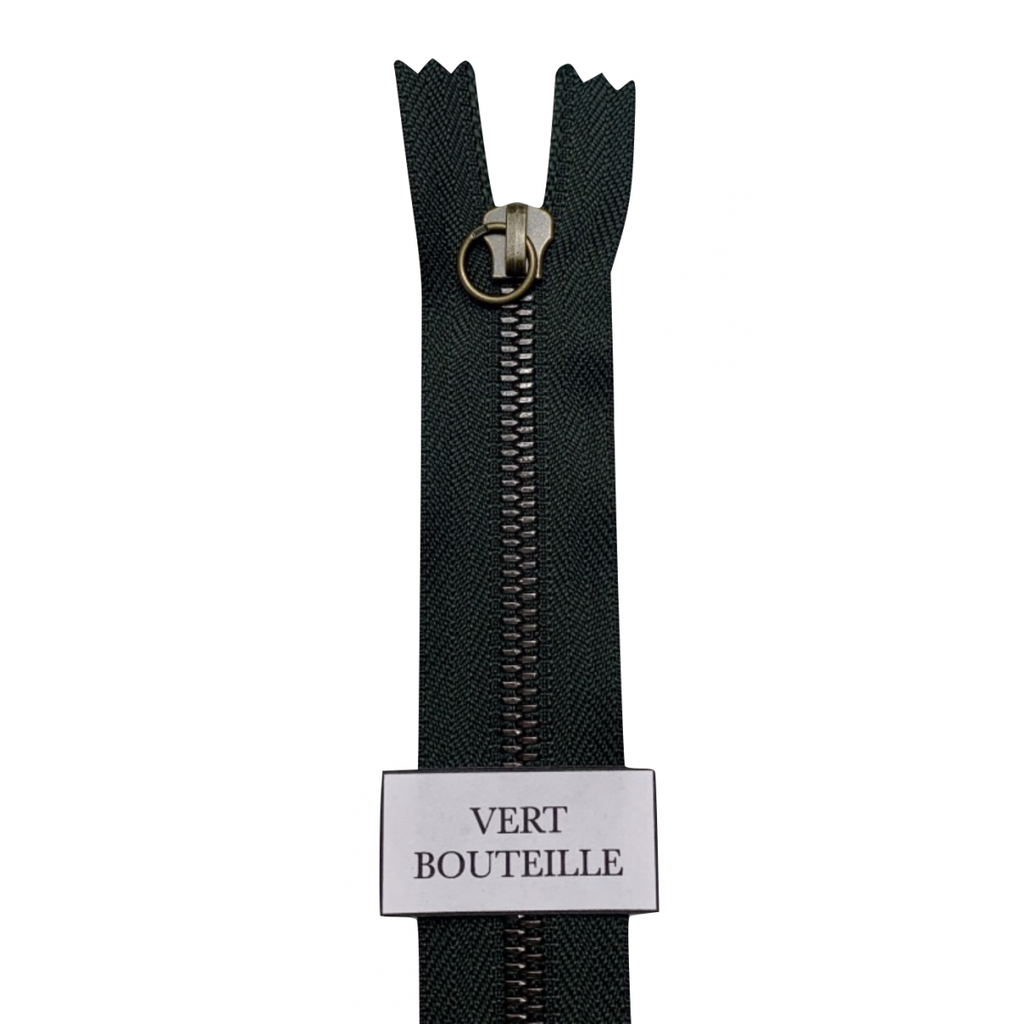 Fermeture Glissière Vert Bouteille - Simple Curseur -  Métal Laiton